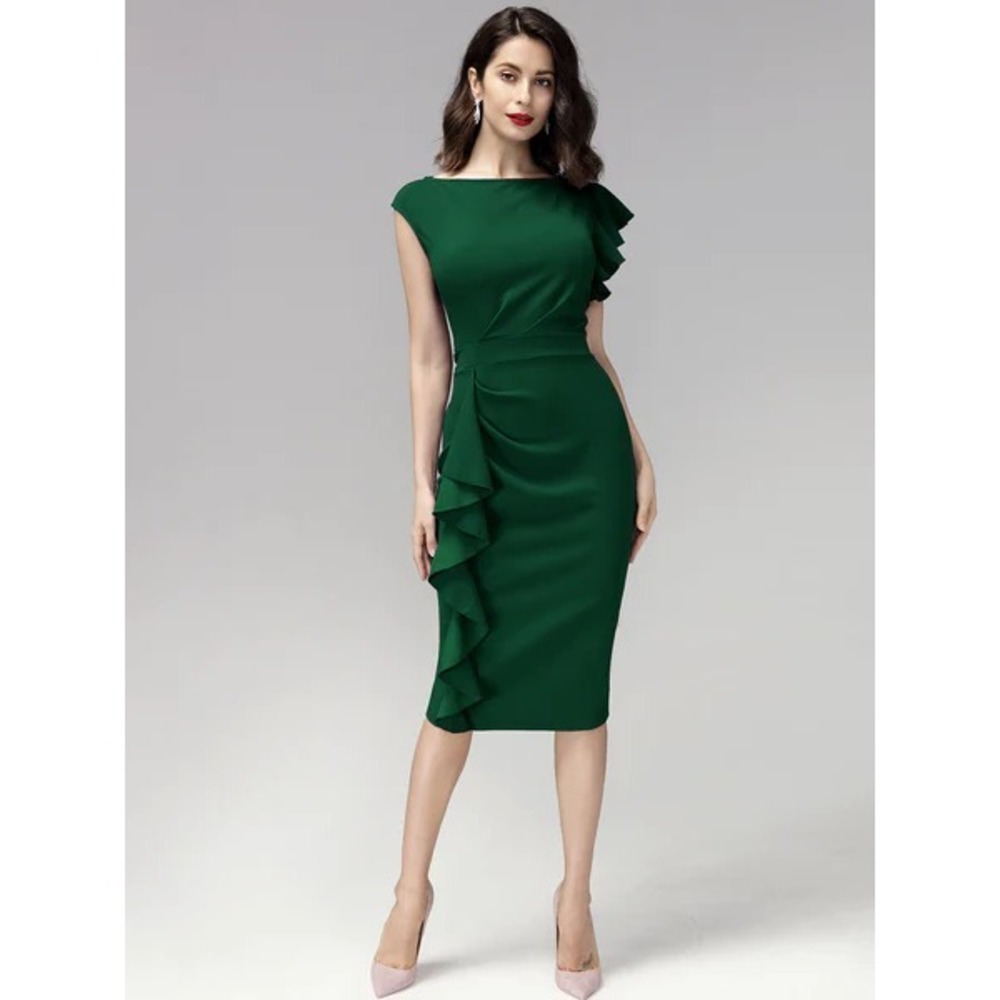 NWT Aisize Vintage Redefined Green Pinup Ruffle Sleeve Pencil Dress Size S Retro